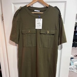 Zara army green tshirt dress with gold detail